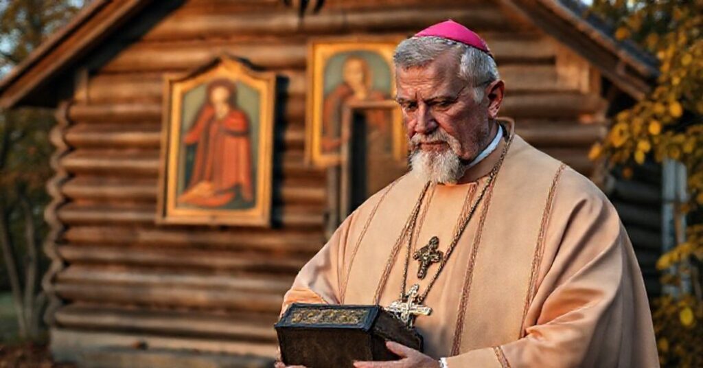 Traditionalny biskup w pełnym stroju liturgicznym przed drewnianym kościołem wiejskim, trzymający relikwiarz. Na tle widoczna jest blaknąca ikona Matki Bożej Gietrzwałdzka.