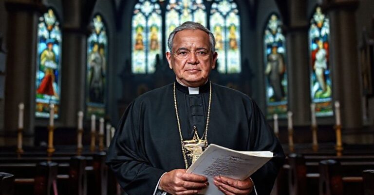 Gilbert Garcera w katedrze filipińskiej trzyma dokument synodalny, symbolizujący rewolucję synodalną w Kościele Katolickim.