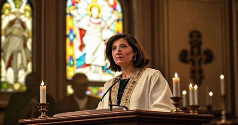 Giorgia Meloni podczas mowy w tradycyjnym kościele katolickim z obrazem Chrystusa Króla w tle.