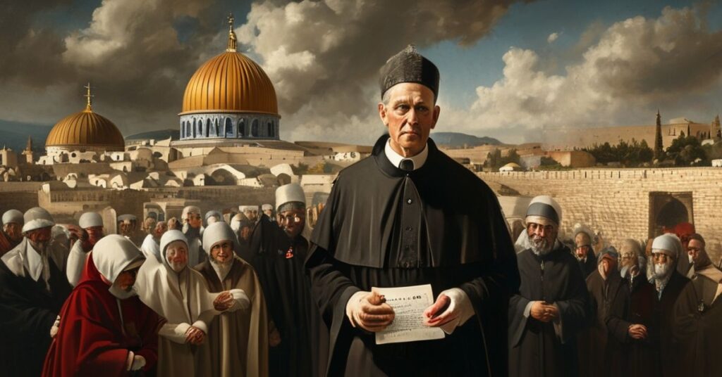 Portret Giorgio Lingui, nowego "nuncjusza" w Ziemi Świętej, przed Murem Płaczu w Jerozolimie otoczonego modernistycznym duchowieństwem w świeckim ubiorze.