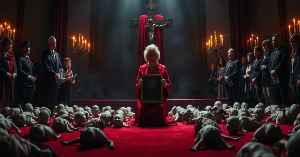 Gizela Jagielska otrzymuje nagrodę za działalność aborcyjną, otoczona aktywistkami i symbolami cywilizacji śmierci.