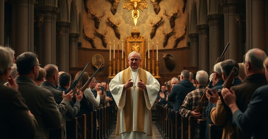 Wnętrze kościoła podczas fałszywej liturgii z myśliwskimi elementami w tle, prezentujące brak szacunku dla sakramentów i tradycji katolickiej.