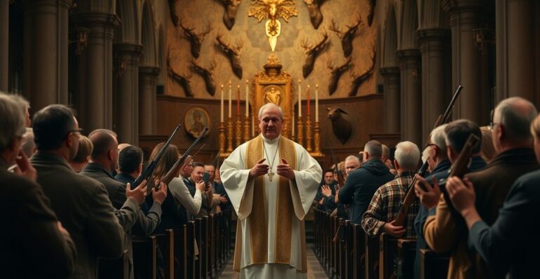 Wnętrze kościoła podczas fałszywej liturgii z myśliwskimi elementami w tle, prezentujące brak szacunku dla sakramentów i tradycji katolickiej.