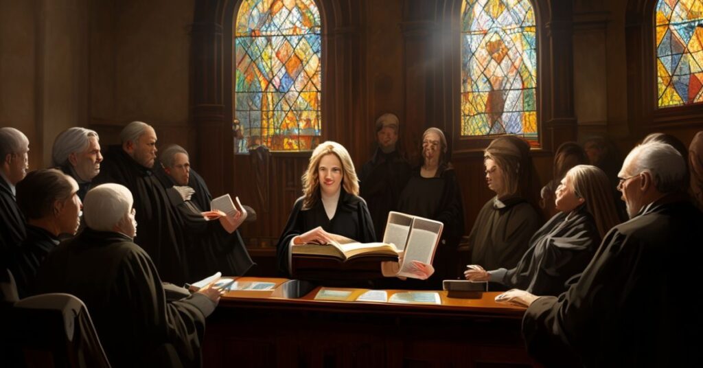 Seriousna scena w sądzie katolickim z Glendą Goldis, zwolnioną lesbijską adwokatką, stojącą przed sędzią otoczoną przez żałobnych duchownych i obywateli. Scena jest w tradycyjnym sędziowskim pomieszczeniu w Nowym Jorku z witrażami przedstawiającymi Chrystusa Króla.