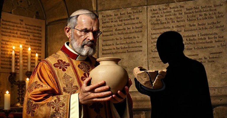 Prawdziwy kapłan w liturgicznych szatach trzyma gliniany naczynie ze skarbem łaski, kontrastujący z modernistycznym pseudokapłanem trzymającym pęknięte naczynie w ciemnej kaplicy