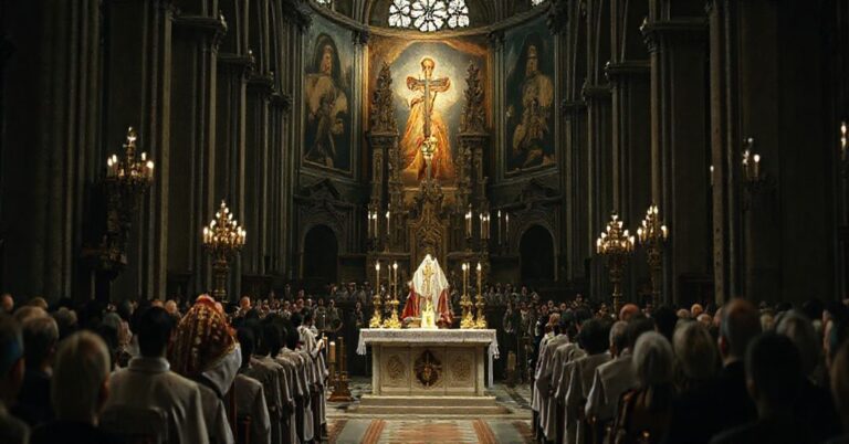 Wnêtrze gliwickiej katedry podczas kontrowersyjnej mszy ku czci heretyka, z modernistycznym ołtarzem i tłumem wiernych, odzwierciedlające atmosferę apostazji i teologicznej dezorientacji.