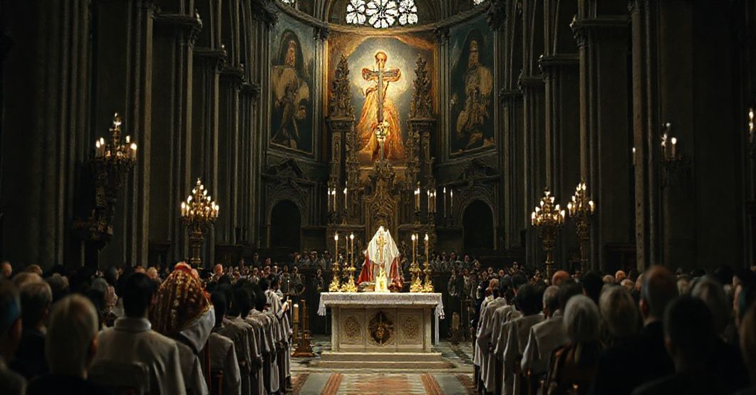 Wnêtrze gliwickiej katedry podczas kontrowersyjnej mszy ku czci heretyka, z modernistycznym ołtarzem i tłumem wiernych, odzwierciedlające atmosferę apostazji i teologicznej dezorientacji.