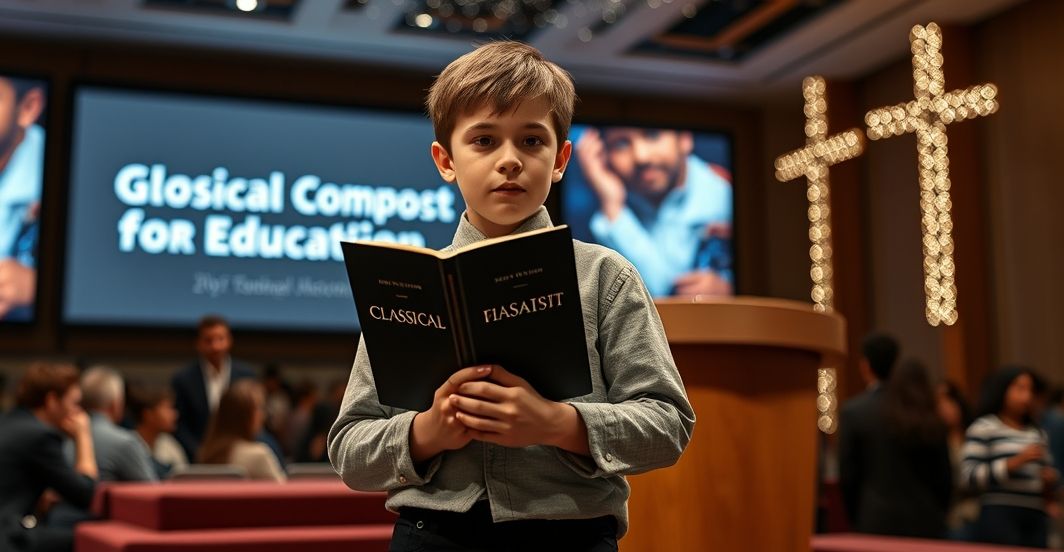 Młody chłopiec stojący przed modernistyczną sceną z fałszywymi świętymi i symbolami globalistycznej edukacji