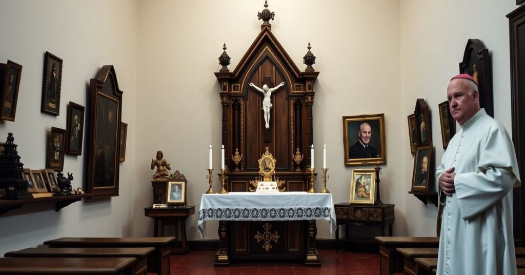 Wnętrze kaplicy katolickiej z tradycyjnym ołtarzem i krzyżem w otoczeniu starych eksponatów z Centrum Studiów Ratzingera w Bydgoszczy. Kardynał Parolin stoi obok wystawy.