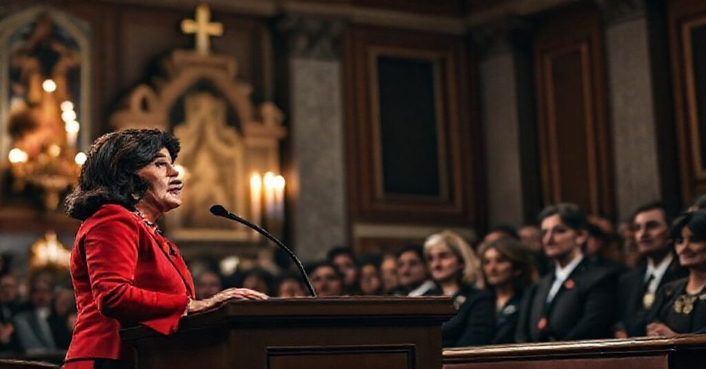 Pogląd na Izba Reprezentantów podczas głosowania nad rezolucją potępiającą socjalizm, z kongresmenką Marią Elvirą Salazar przy trybunie.