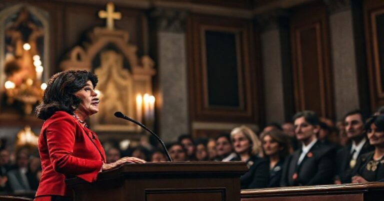 Pogląd na Izba Reprezentantów podczas głosowania nad rezolucją potępiającą socjalizm, z kongresmenką Marią Elvirą Salazar przy trybunie.