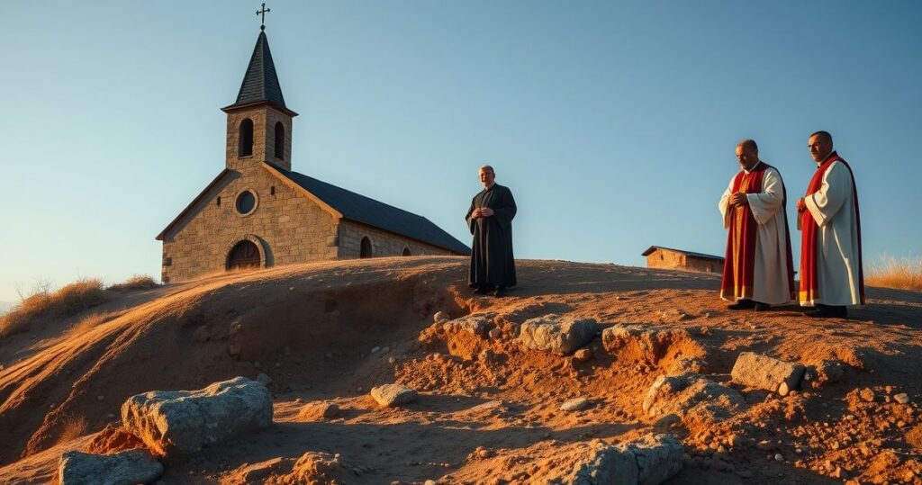 Sanktuarium katolickie podczas prac archeologicznych, duchowni i archeolodzy w modlitewnym skupieniu nad reliktami, ukazując głębię wiary i tradycji.