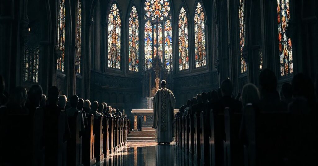 Wnętrze kościoła katolickiego podczas uroczystości liturgicznej, z duchownym w liturgicznych szatach, ukazujące kryzys duchowy i odstępstwo od tradycyjnej doktryny