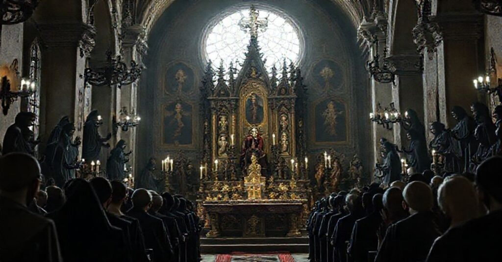 Katolicki ołtarz otoczony przez gnostyczne rzeźby Guillermo del Toro, symbolizujące konflikt między wiarą a herezją