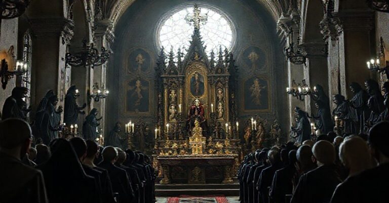 Katolicki ołtarz otoczony przez gnostyczne rzeźby Guillermo del Toro, symbolizujące konflikt między wiarą a herezją