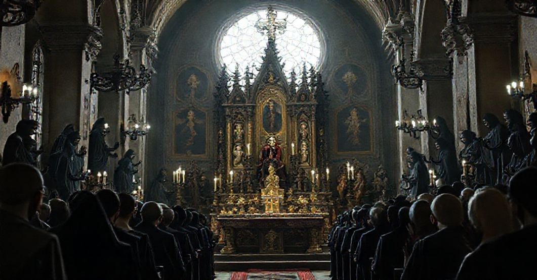 Katolicki ołtarz otoczony przez gnostyczne rzeźby Guillermo del Toro, symbolizujące konflikt między wiarą a herezją