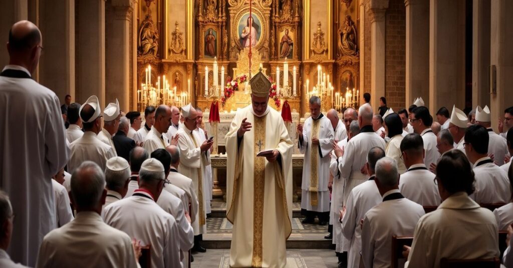 Biskupi w tradycyjnych szatach liturgicznych podczas Godziny Świątecznej w kościele katolickim