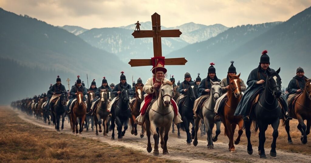 Góralska banderia konna podczas procesji do Morawczyny z Klikuszowej w 2026 roku. Jeźdźcy w tradycyjnych strojach góralskich niosą krzyż pod przewodnictwem 'ks. prałata' Władysława Zązela.