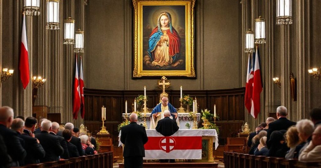 Scena w Katedrze Wniebowzięcia Najświętszej Marii Panny w Gorzowie podczas politowskiego obchodzenia rocznicy stanu wojennego z udziałem władz świeckich i kontrowersyjnych duchownych.