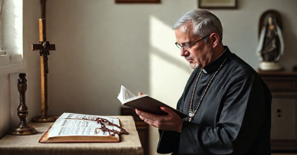 Pookazuje tradycyjnego księdza w sutannie modlącego się przed domowym ołtarzykiem z krzyżem i różańcem.
