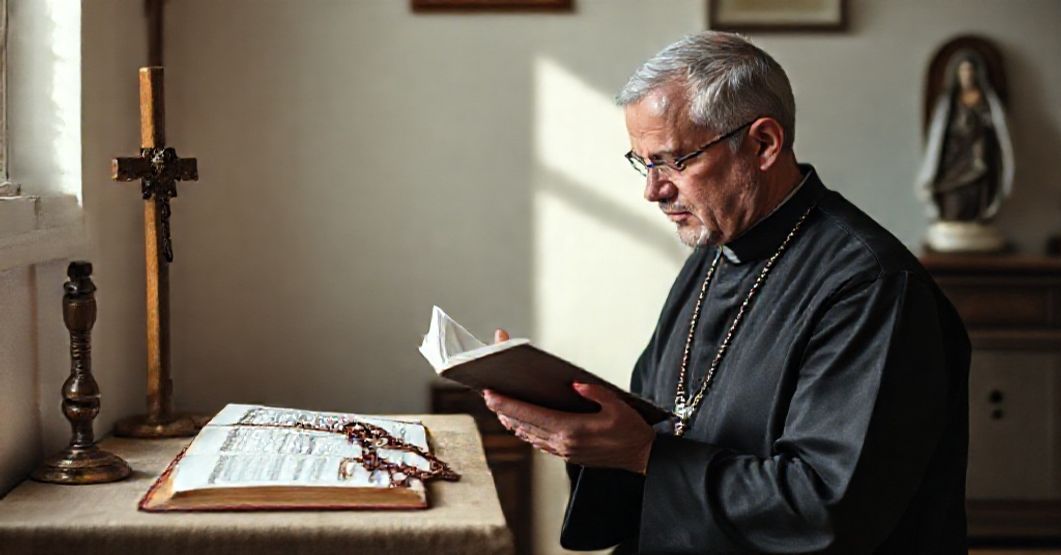 Pookazuje tradycyjnego księdza w sutannie modlącego się przed domowym ołtarzykiem z krzyżem i różańcem.