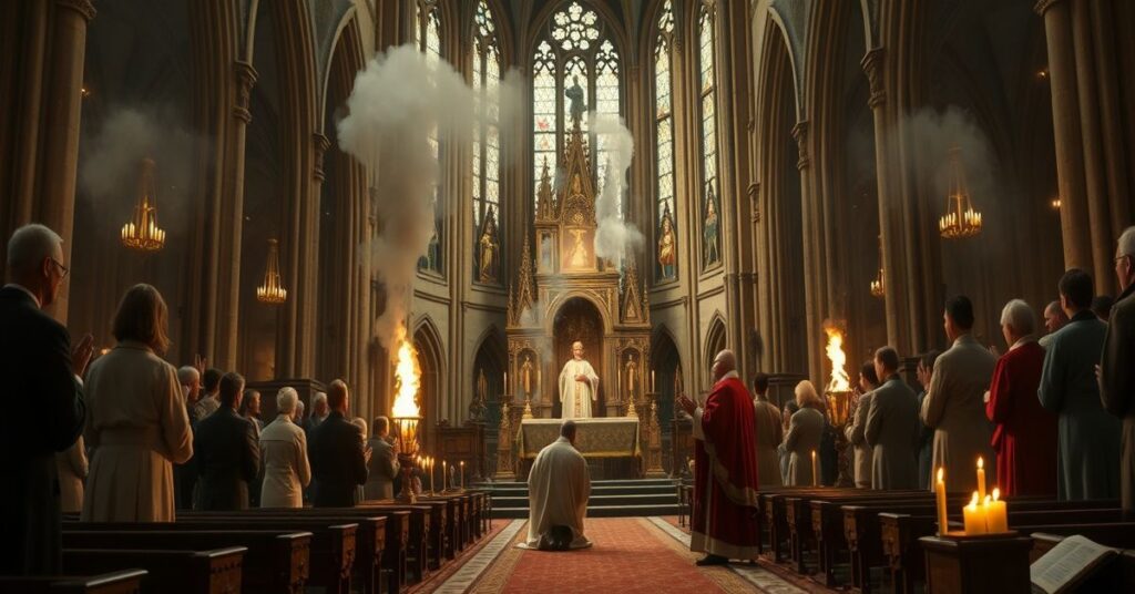 Gotycka bazylika św. Mikołaja w Saint-Nicolas-de-Port po profanacji - dym unosi się nad dwoma miejscami podpalenia.