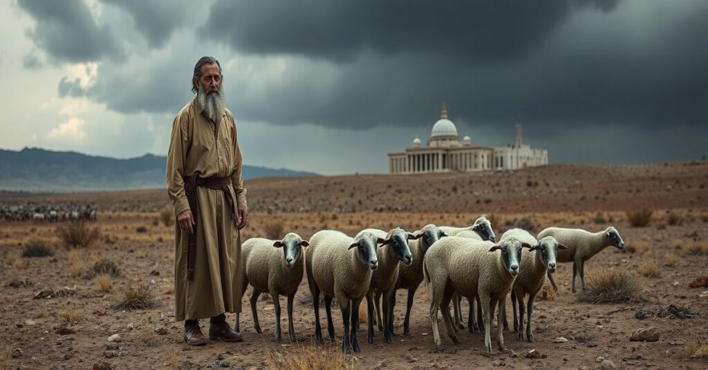 Pasterz w tradycyjnym stroju greckim stoi wśród wędrujących owiec na pustej łące. W tle widoczne są budynki rządowe pod burzliwym niebem.