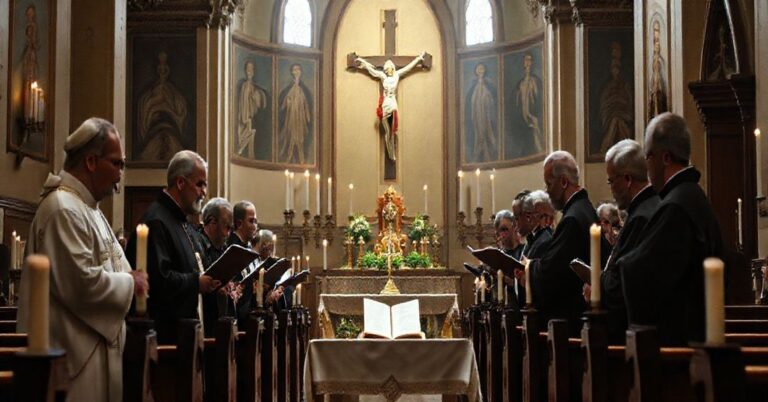 Staroobrzędowa cerkiew z ikonami i świecami, w której greckokatoliccy hierarchowie czytają kontrowersyjne orędzie wielkanocne. Scena jest oświetlona delikatnym światłem naturalnym, podkreślającą napięcie między tradycyjnymi katolickimi symbolami a nowoczesnymi odchyleniami ekumenicznymi.