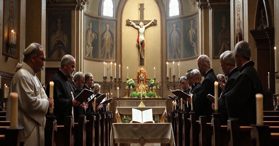 Staroobrzędowa cerkiew z ikonami i świecami, w której greckokatoliccy hierarchowie czytają kontrowersyjne orędzie wielkanocne. Scena jest oświetlona delikatnym światłem naturalnym, podkreślającą napięcie między tradycyjnymi katolickimi symbolami a nowoczesnymi odchyleniami ekumenicznymi.