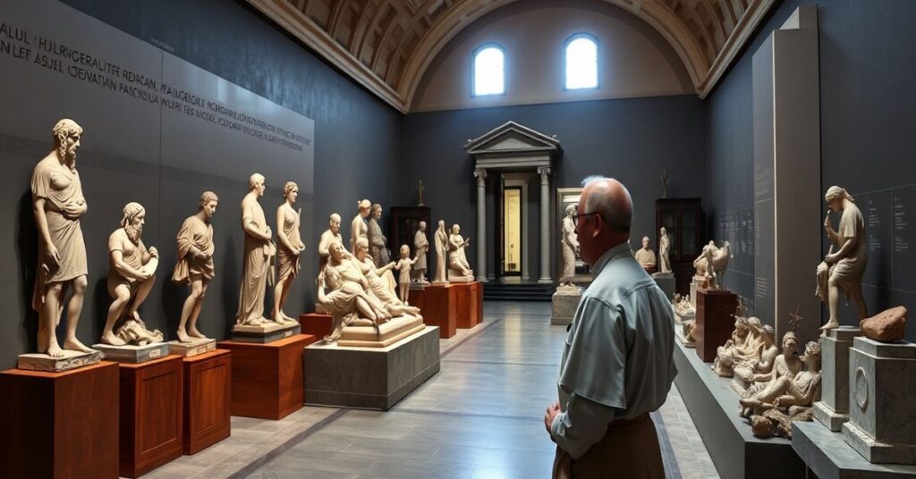 Zdjęcie przedstawiające Gregoriańskie Muzeum Etruskie z płytami i rzeźbami etruskimi w tradycyjnym katolickim kontekście