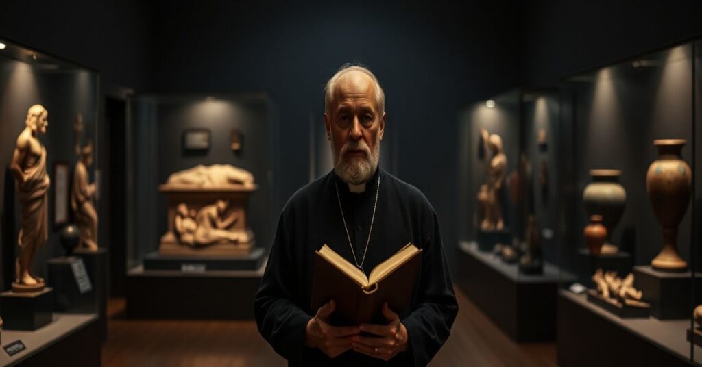 Wewnętrze Gregoriańskiego Muzeum Etruskiego z wystawionymi pogańskimi artefaktami, w tym Marsem z Todi, na tle katolika tradycjonalisty.