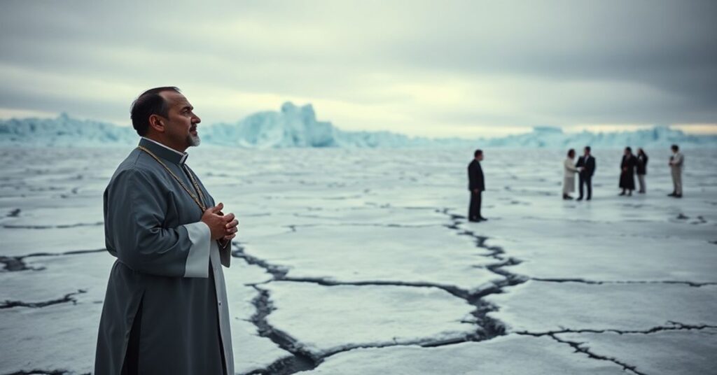 Melting Greenland ice sheet with exposed rare earth minerals. A Catholic priest in contemplation contrasts with secular scientists discussing economic opportunities.