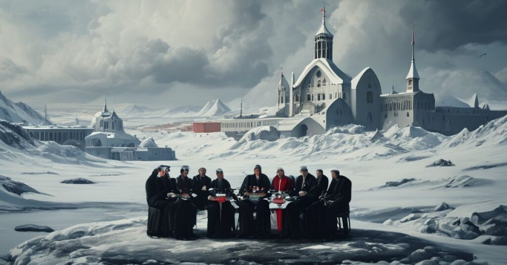 Perspektywa katolicka na konflikt geopolityczny dotyczący Grenlandii, przedstawiająca Donalda Trumpa i norweskiego premiera Jonasa Gahre Stoere w poważnym ustawieniu dyplomatycznym.