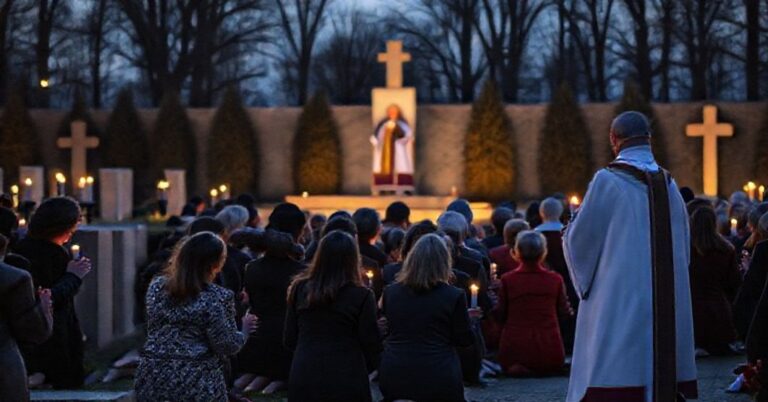 Poważna katolicka uroczystość przy Grobie Nieznanego Żołnierza w Warszawie z wiernymi modlącymi się i księdzem w stroju liturgicznym