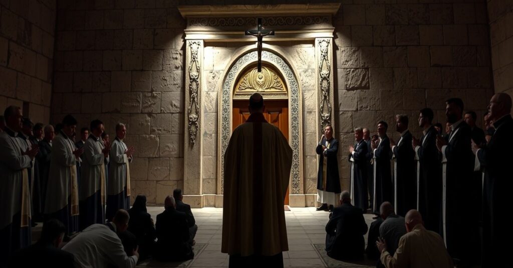 Obraz przedstawiający tradycyjnego katolickiego księdza w ornacie przed zamkniętymi drzwiami Grobu Świętego w Jerozolimie w 2026 roku.