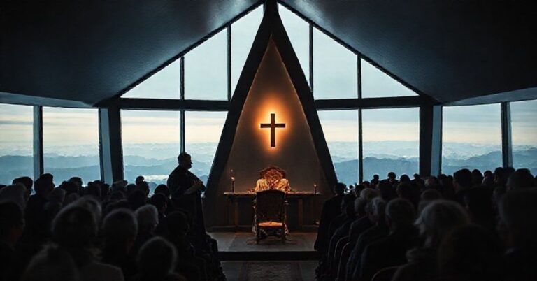 Smutna scena na szczycie Gronia Jana Pawła II w Beskidach, gdzie ks. prof. Maciej Ostrowski wygłasza postkoncyliarną 'mszę' o naturalistycznej iluzji pokoju rosnącego w ludzkich sercach.