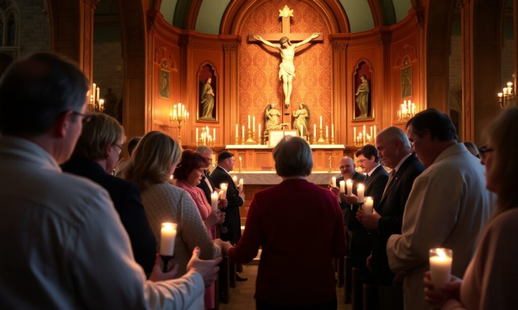 Grupa wiernych z grupy Save Our Buffalo Churches modli się w tradycyjnym kościele. Scena jest wypełniona pokojem i nadzieją.