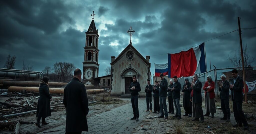 Obraz przedstawiający zaniedbaną prawosławną cerkiew w Gruzji otoczoną symbolami geopolityki i westchnieniem po duchowym odrodzeniu.