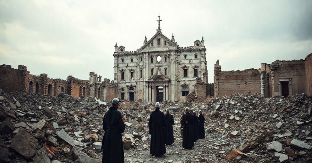 Gruzy bazyliki św. Benedykta w Nursji z wiernymi modlącymi się wśród ruin, symbolizujące upadek Tradycji katolickiej.