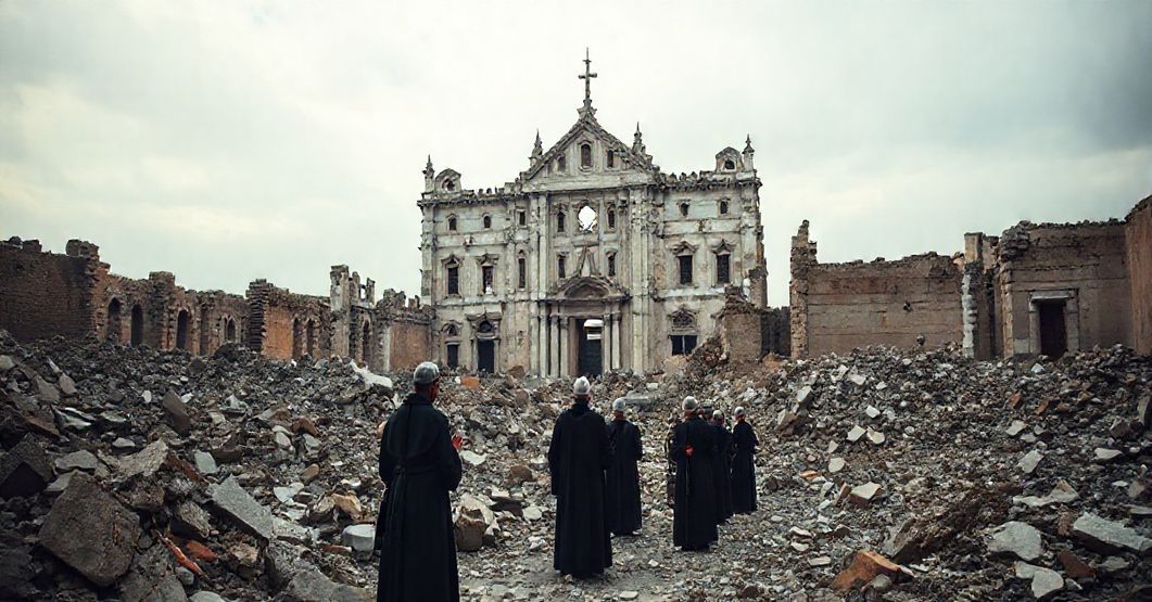 Gruzy bazyliki św. Benedykta w Nursji z wiernymi modlącymi się wśród ruin, symbolizujące upadek Tradycji katolickiej.