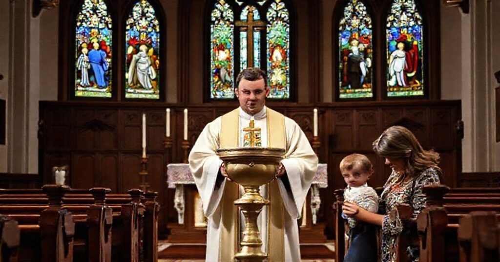 Poważna wnętrze kościoła katolickiego z tradycyjnym ołtarzem, poważnie wyglądający ksiądz trzymający kielich chrztu i martwa matka z dzieckiem. Tło przedstawia witraże z biblijnymi scenami życia rodzinnego. Atmosfera jest poważna i czcigodna, oddająca wagę tematu omówionego w artykule.