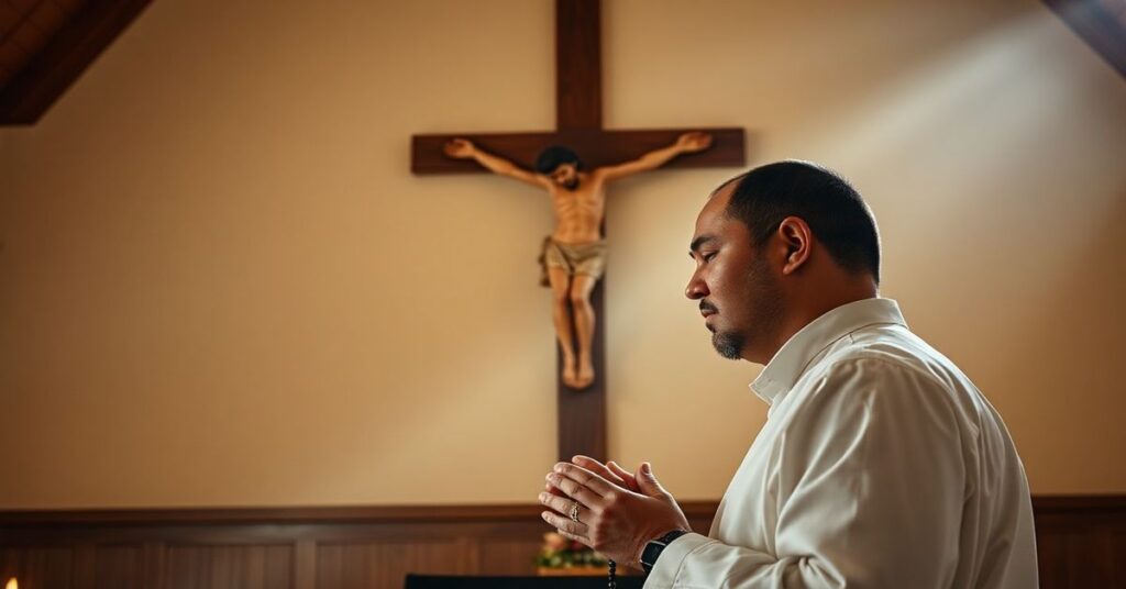 Grzegorz Kleszcz w modlitwie przed krzyżem w tradycyjnym kościele katolickim