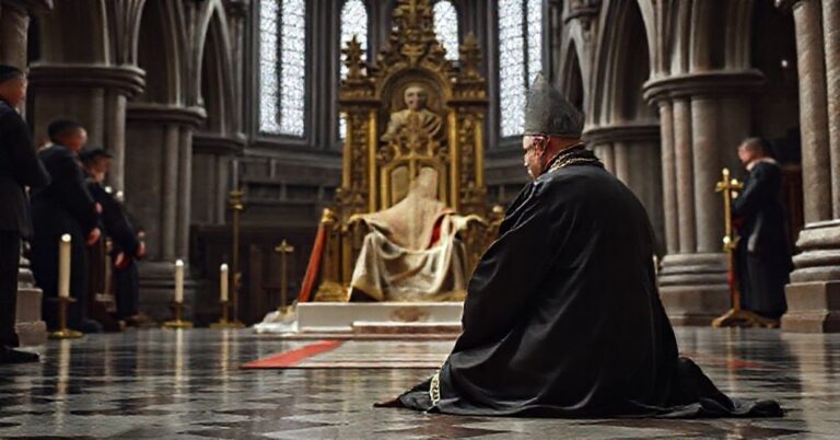 Grzegorz Ryś – fałszywy "arcybiskup" Krakowa – klęczy przed pustym tronem papieskim w katedrze na Wawelu, symbolizując swoją posłuszeństwo wobec antypapieża Leona XIV.