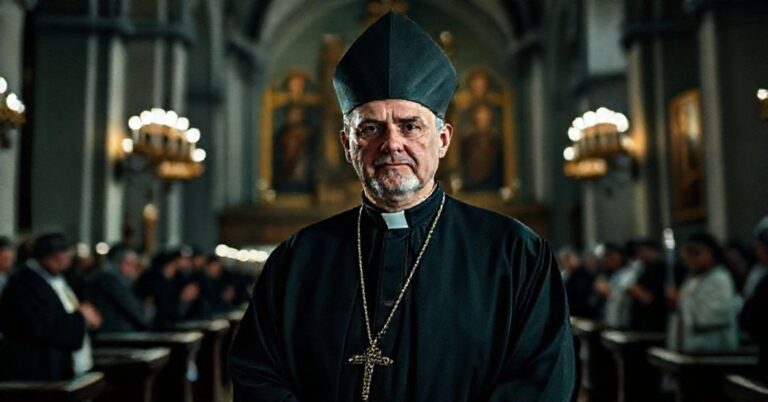 Portret Grzegorza Rysia jako nowego "arcybiskupa" krakowskiego w tło niewiary i neomodernizmu