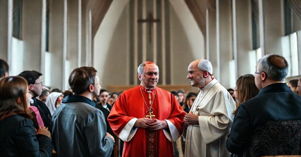 Obrązek przedstawia Grzegorza Rysia, pseudo-kardynąła w nowoczesnym kościele, otoczonego przez młodzież w niesakralnej atmosferze ekumenicznych zgromadzeń