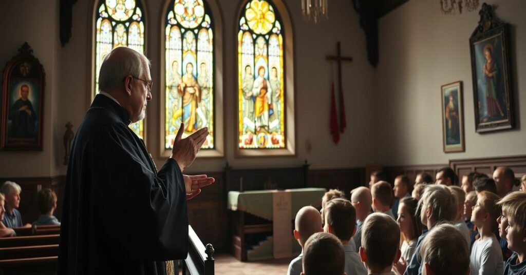 Tradycyjny kościół katolicki z tradycyjnym ołtarzem w tle i katecheta Grzegorz Ryś wygłaszający mowę do dzieci w ramionach wiernych.