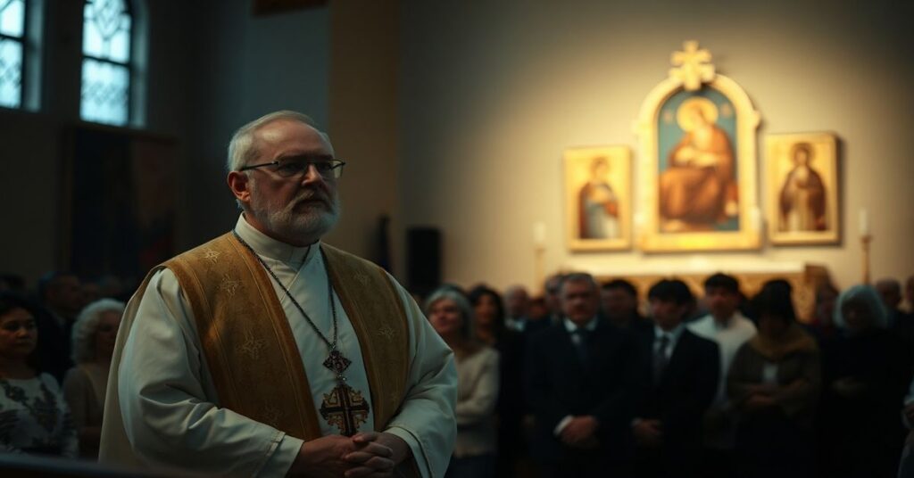 Wizerunek przedstawiający pseudolityrgiczne wystąpienie Grzegorza Rysia podczas fałszywej mszy chrysmowej w krakowskim sanktuarium Karola Wojtyły.