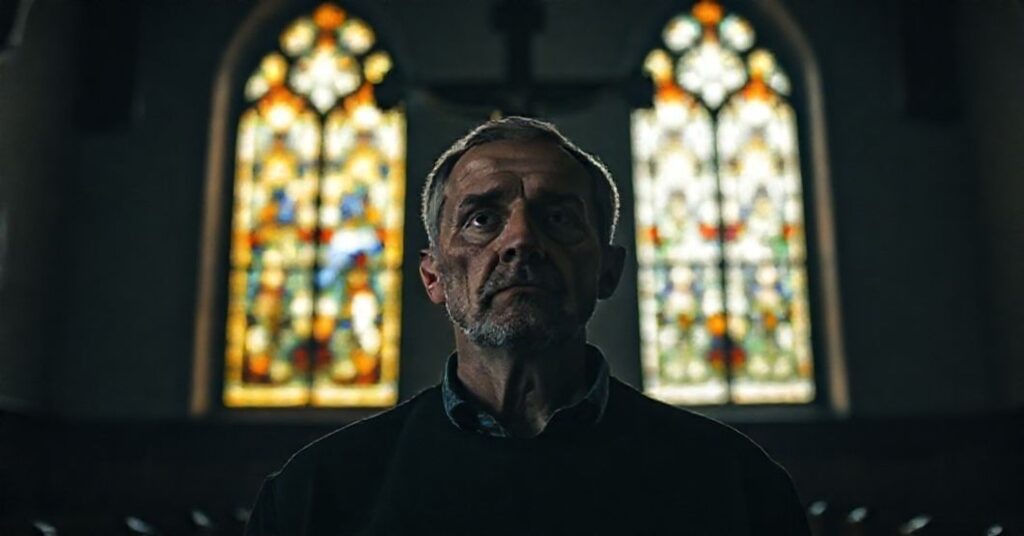 Portret Grzegorza Turnaua w tradycyjnym kościele katolickim, symbolizujący brak wymiaru nadprzyrodzonego w jego refleksji nad ludzkim cierpieniem i twórczością.