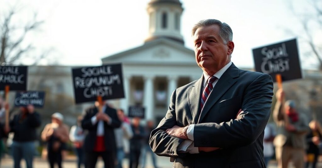 Gubernator Mike Braun przed budynkiem parlamentu w Indianie z tłem tradycyjnych katolickich protestujących