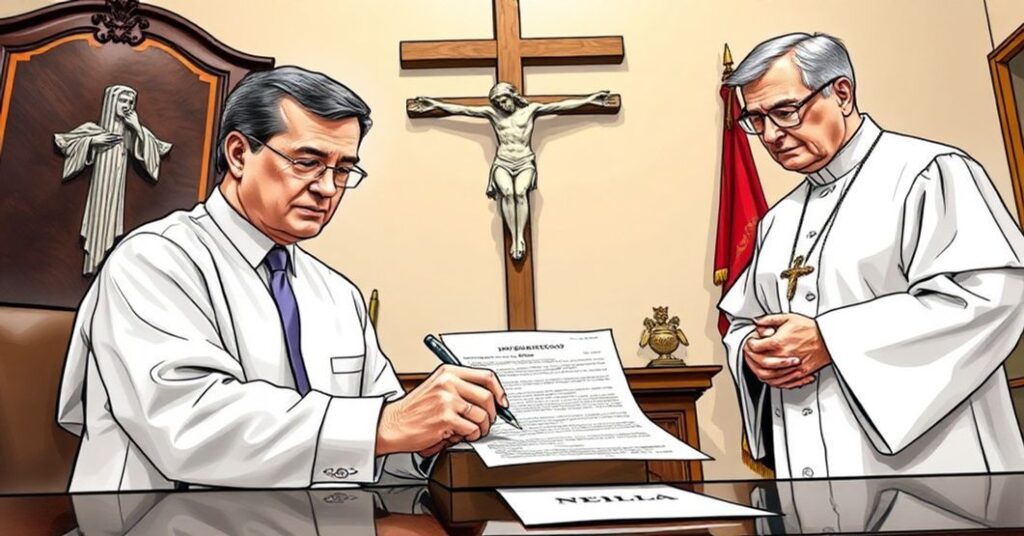 Gubernator Jim Pillen podpisuje rozporządzenie defundujące Planned Parenthood w Nebrasce przy wsparciu duchowym kapłana